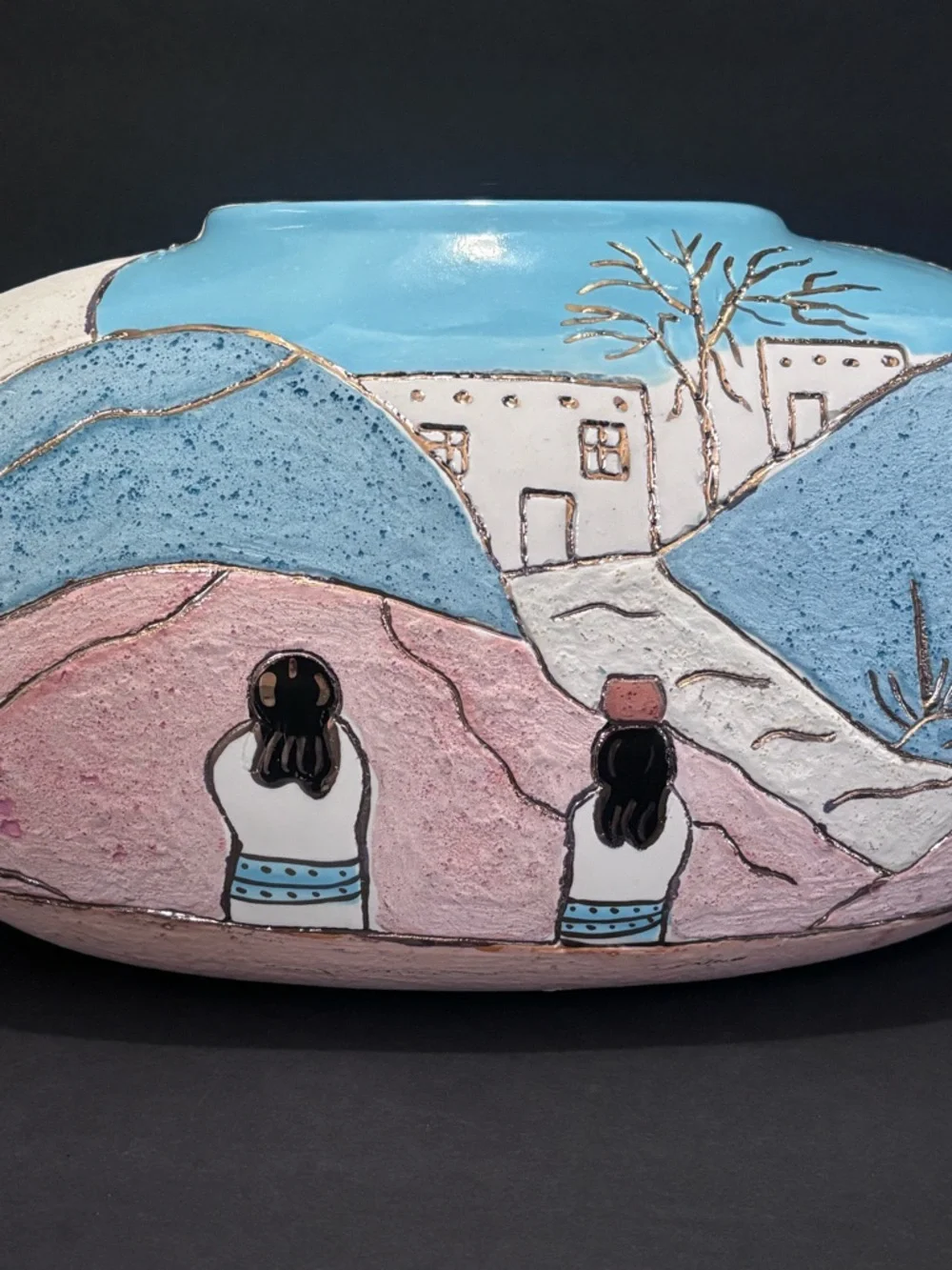 Vintage Hand-Painted Mexican Village Art Ceramic Flower Vase by Guna - Picture 2 of 10